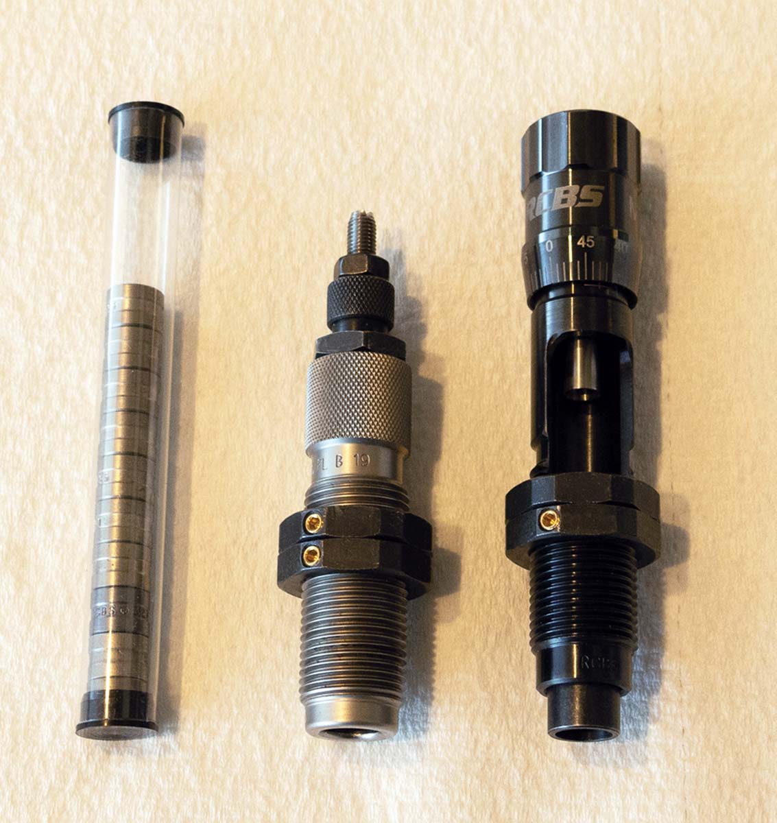 RCBS MatchMaster die set with assorted neck bushings.  Note: The decapping rod has been removed from the resizing die.